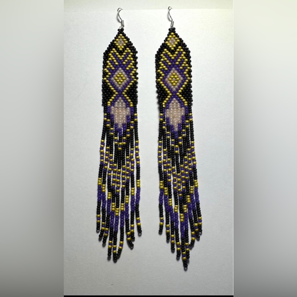 Handcrafted Beaded Earrings - Black, Yellow, Purple